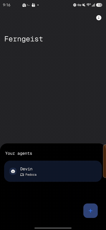 Screen recording of a Ferngeist session on the phone: a prompt is sent, the agent streams its reasoning and answers in the chat